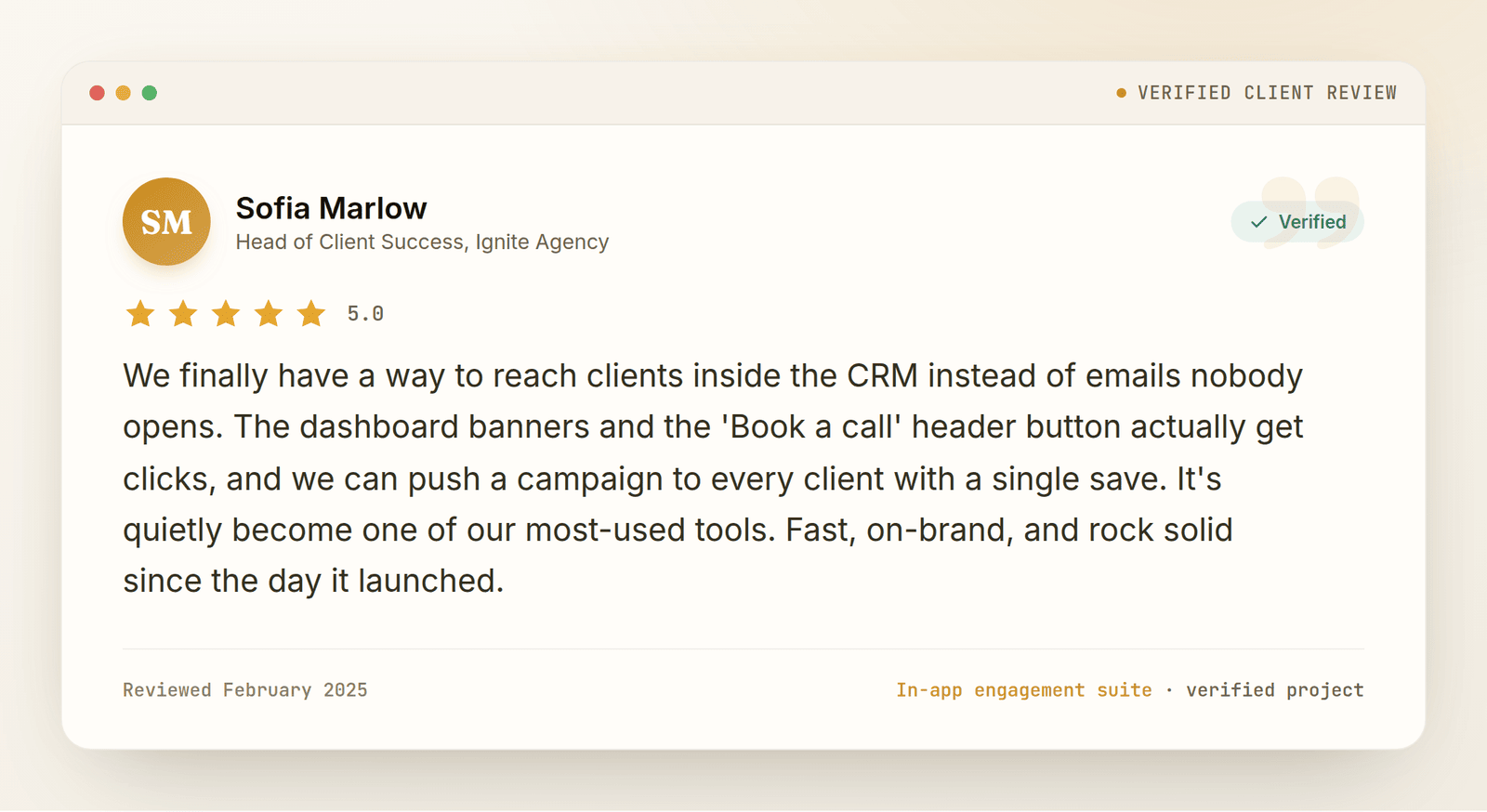 Five-star client review from Sofia Marlow, Head of Client Success at Ignite Agency, about the in-app engagement suite
