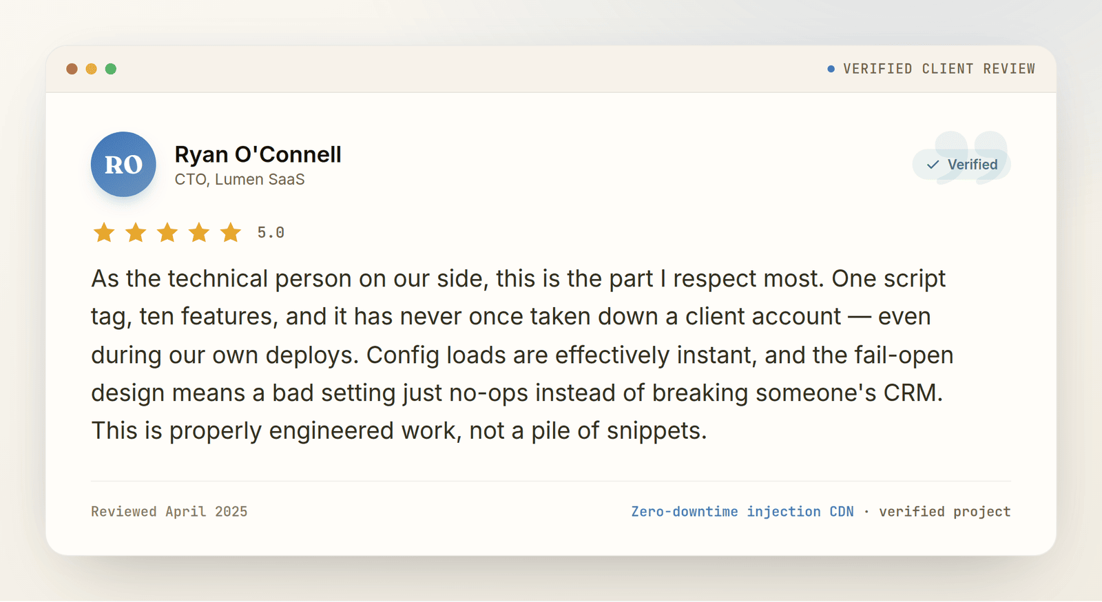 Five-star client review from Ryan O'Connell, CTO at Lumen SaaS, about the zero-downtime injection CDN