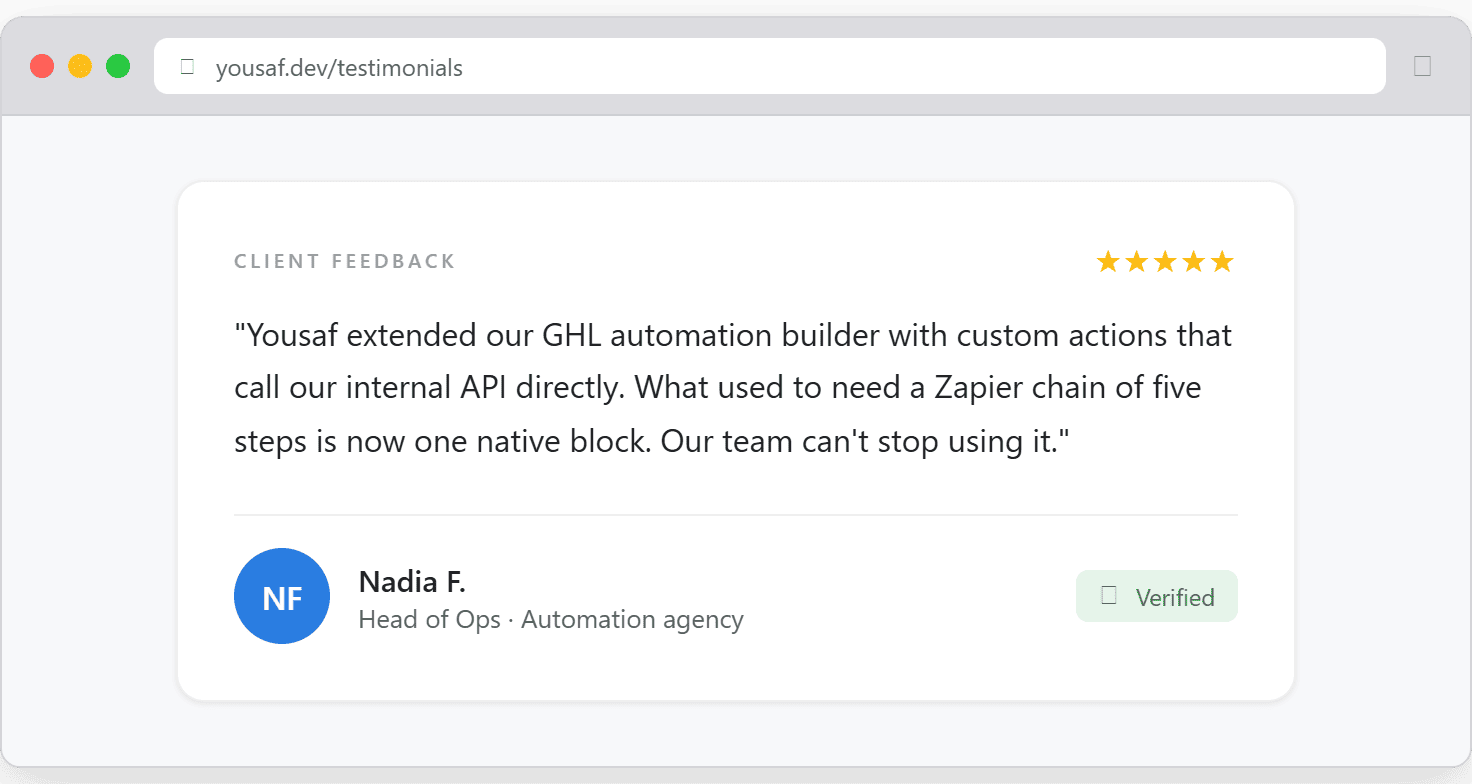 Five-star review from Nadia F., Head of Ops at an automation agency: Yousaf extended their GoHighLevel automation builder with custom actions that call their internal API, replacing a five-step Zapier chain with one native block.