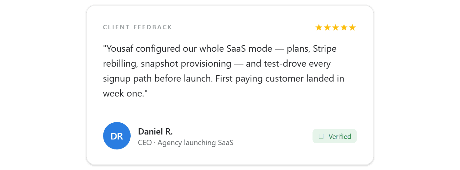Five-star client feedback from Daniel R., CEO of an agency launching SaaS: Yousaf configured their whole GoHighLevel SaaS mode and test-drove every signup path before launch, first paying customer landing in week one.