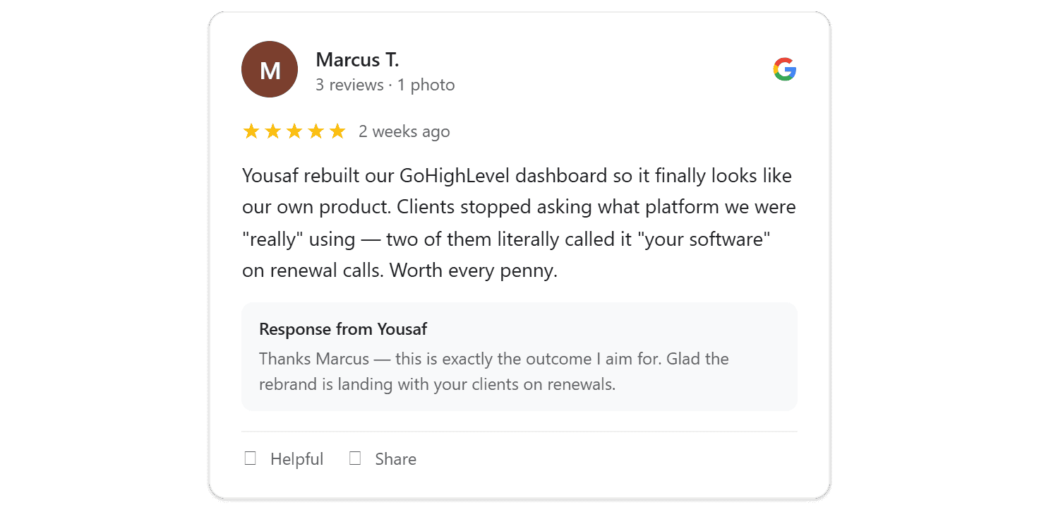 Five-star Google review from Marcus T.: Yousaf rebuilt their GoHighLevel dashboard so it finally looks like their own product and clients called it 'your software' on renewal calls.