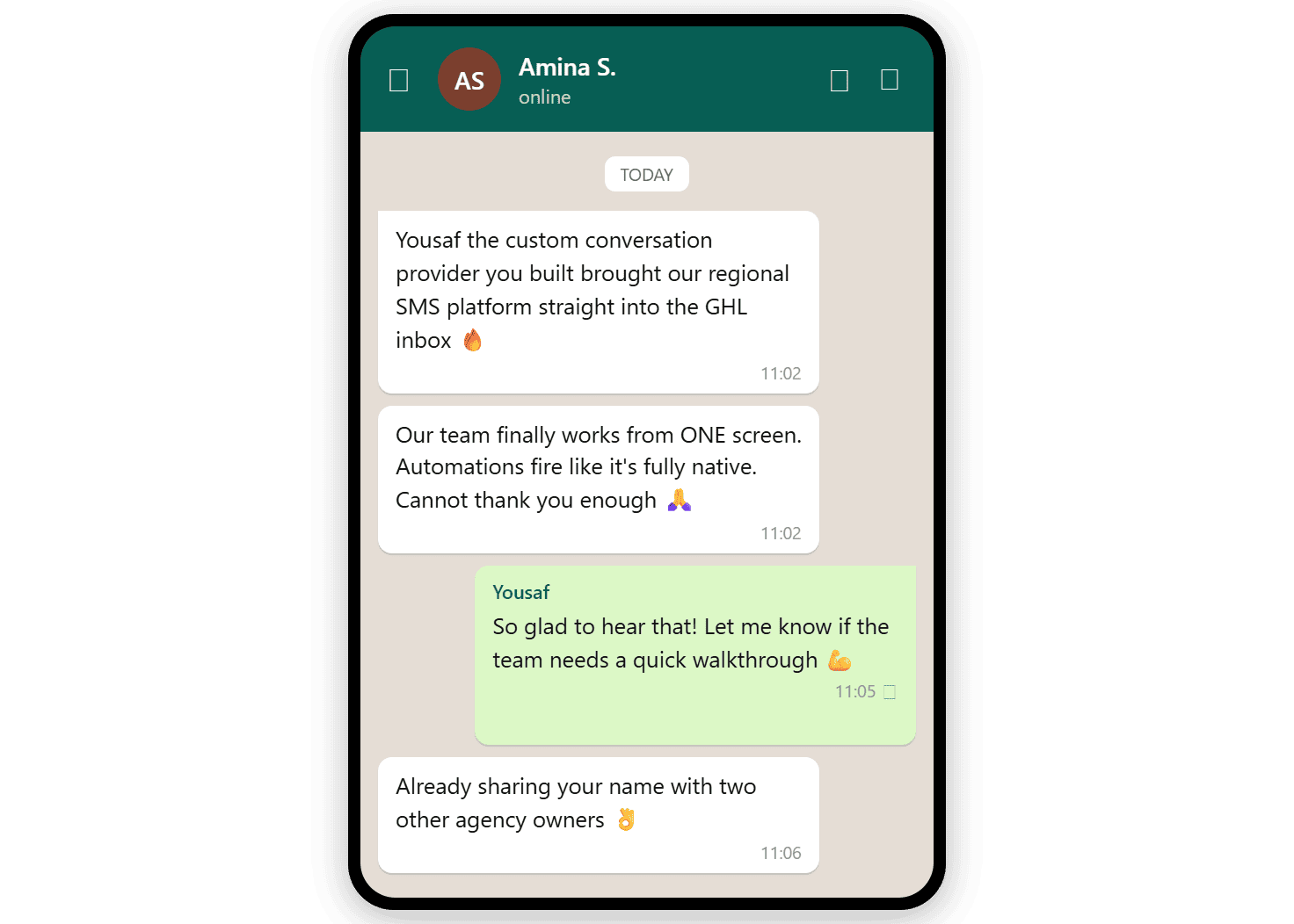 WhatsApp review from Amina S.: the custom conversation provider Yousaf built brought their regional SMS platform straight into the GoHighLevel inbox so the team works from one screen.